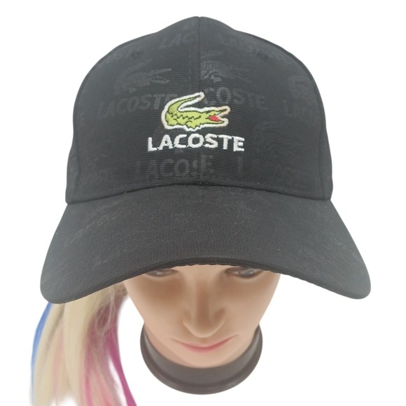 NWOT Lacoste Black Logo Trucker Hat Croc Logo Strap Back OSFM - Picture 1 of 7